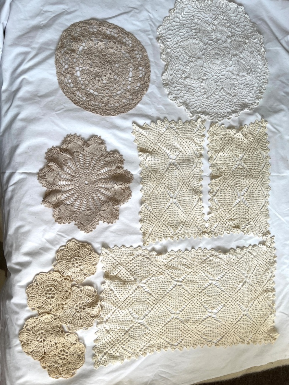 10 Handmade Doilies Cream Beige White Assorted Sizes and Shapes Vintage